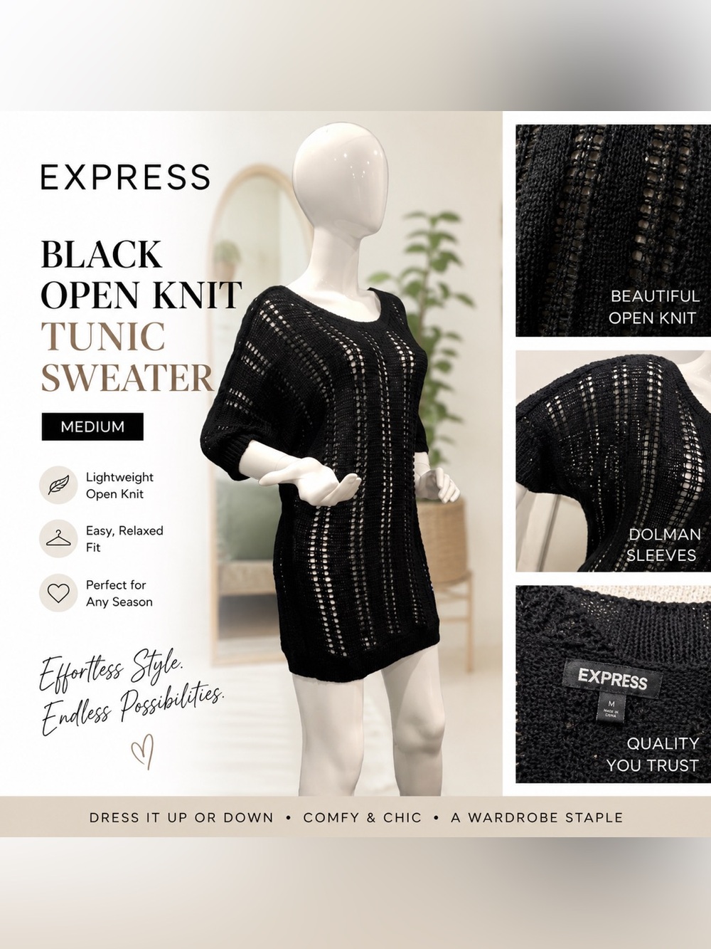 Express Black Open Knit Crochet Dolman Sleeve Tunic Sweater Medium